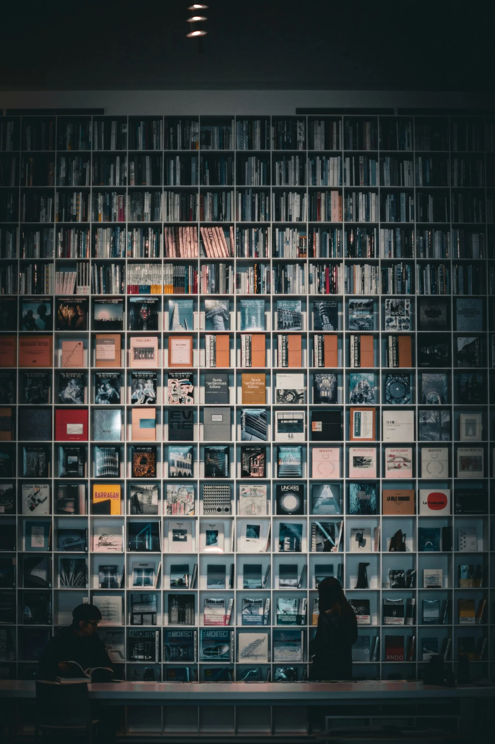 Large selection of books on a wall of shelves